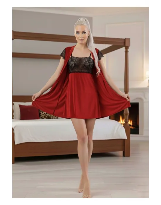 ieg™ Kırmızı Kadife Sabahlık & Gecelik Takım 2 Li - 1428