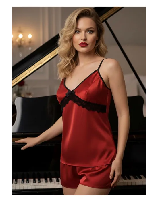 ieg™ Kırmızı Saten Babydoll Şortlu Takım - 314