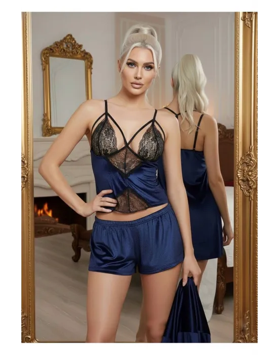ieg™ Lacivert Kadife Dantelli Sabahlık & Gecelik Takım 3 Lü - 1432