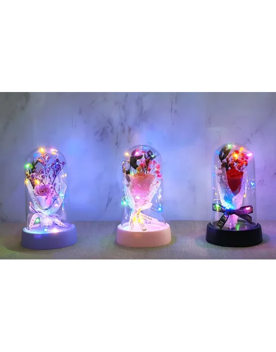 LED Işıklı Müzikli Cam Fanus İçinde Gül Buketi