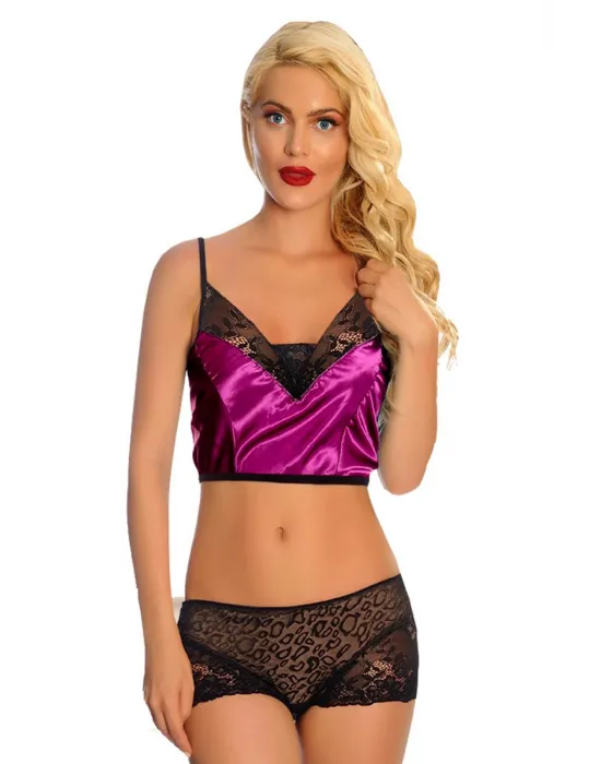 ieg™ Mor Saten Dantelli Babydoll Şortlu Takım - 287
