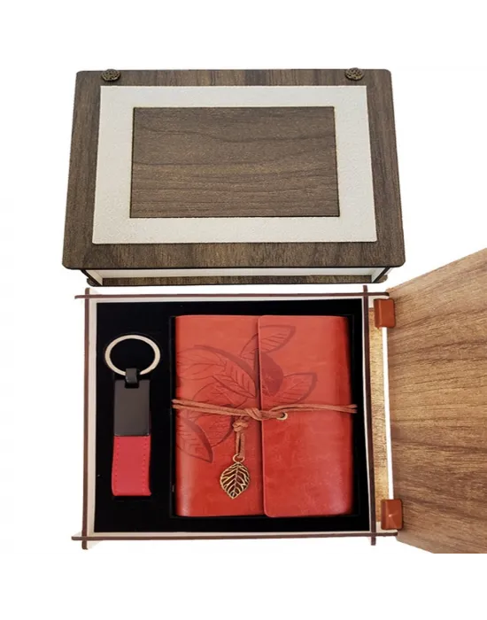 Özel Ahşap Kutulu Kiremit Rengi Deri Defter ve Anahtarlık Set