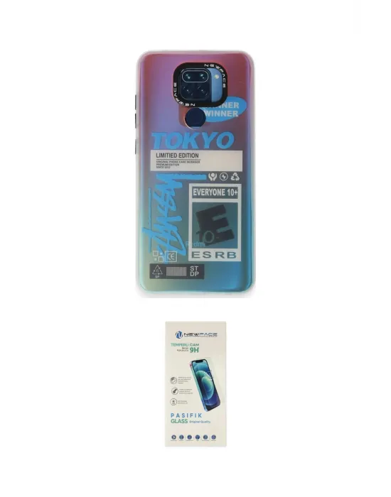 ieg™ Redmi Note 9 Kılıf Siluet Çizgi Koleksiyonu - Şeffaf Pasifik Cam Ekran Koruyucu