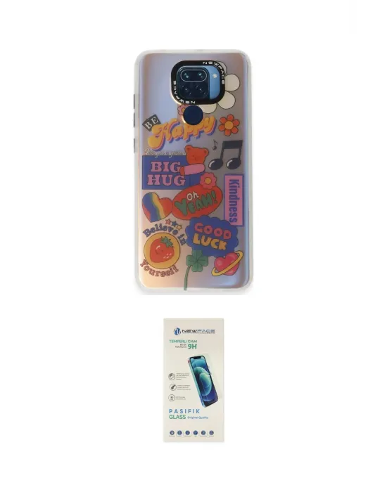 ieg™ Redmi Note 9 Kılıf Siluet Çizgi Koleksiyonu - Şeffaf Pasifik Cam Ekran Koruyucu