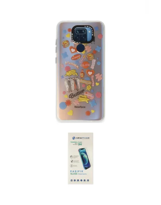 ieg™ Redmi Note 9 Kılıf Siluet Çizgi Koleksiyonu - Şeffaf Pasifik Cam Ekran Koruyucu