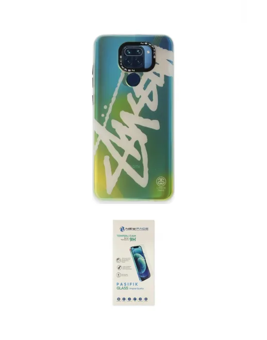 ieg™ Redmi Note 9 Kılıf Siluet Çizgi Koleksiyonu - Şeffaf Pasifik Cam Ekran Koruyucu