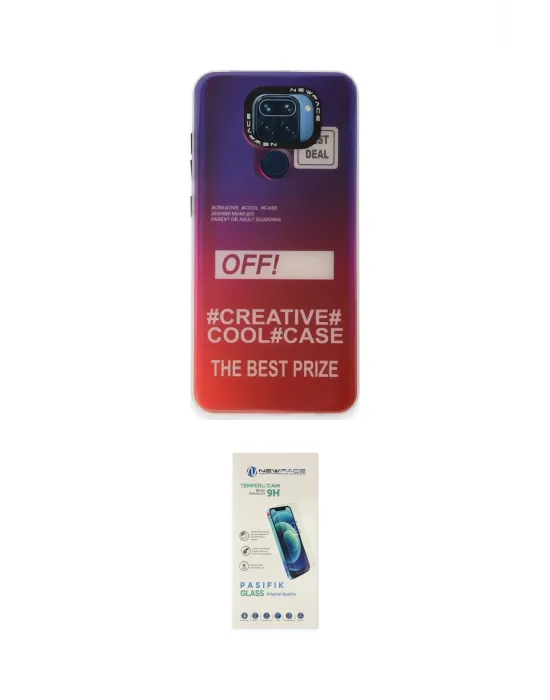 ieg™ Redmi Note 9 Kılıf Siluet Çizgi Koleksiyonu - Şeffaf Pasifik Cam Ekran Koruyucu