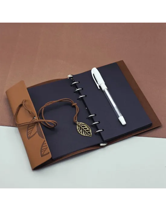 Siyah Yapraklı Deri Defter Ve Beyaz Jel Kalem Seti
