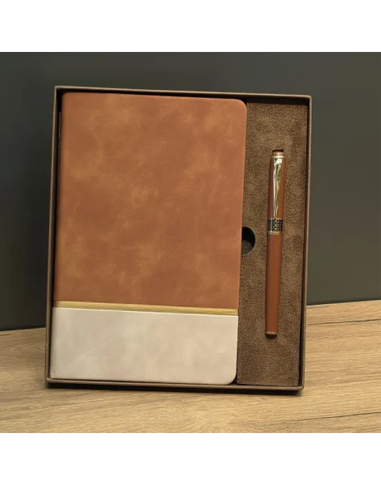 Taba Rengi Gold Detaylı Termo Deri Defter Ve Metal Roller Kalem Hediye Seti