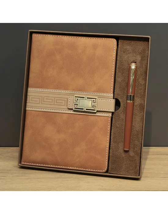 Taba Rengi Termo Deri Defter Ve Metal Roller Kalem Seti