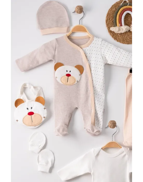 iegiyim™ Ayıcık Nakışlı Tulumlu % 100 Pamuk Erkek Bebek 5li Set