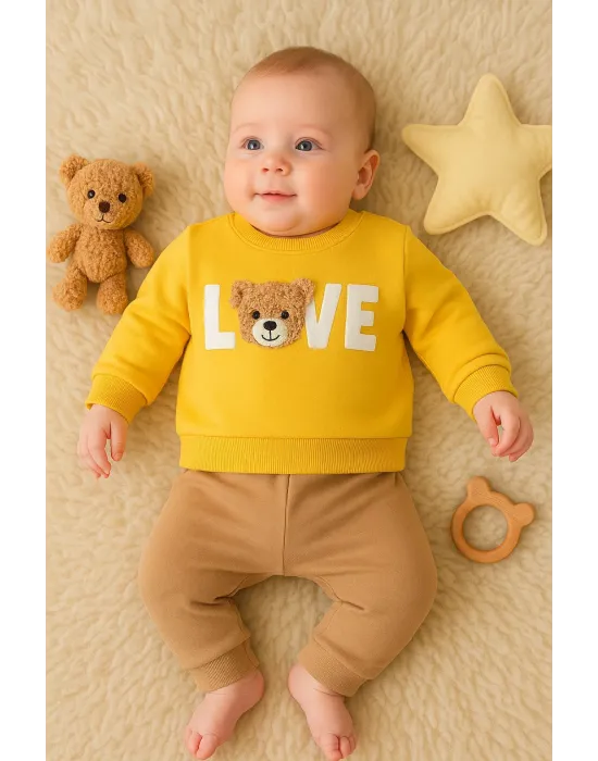 iegiyim™ Bear Love Nakışlı % 100 Pamuklu 2li Erkek Takım
