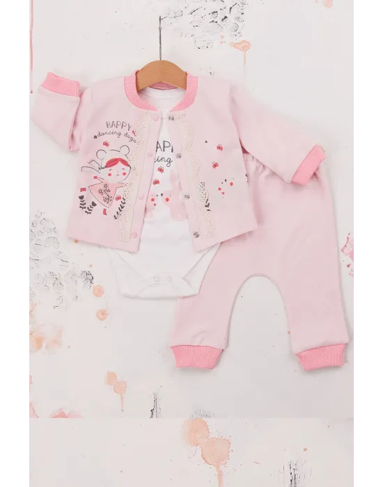 iegiyim™ Happy Dancing Desenli 3lü Hırkalı Kız Bebek Takım