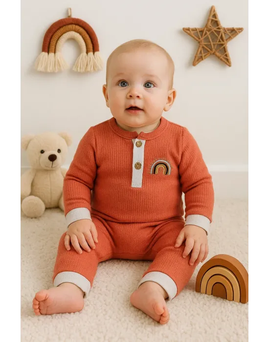 iegiyim™ Waffle Gökkuşağı Nakışlı Erkek Bebek Tulumu