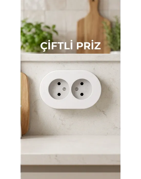 İkili Beyaz Topraklı Sıva Üstü Priz - Modern Elektrik Çiftli Priz
