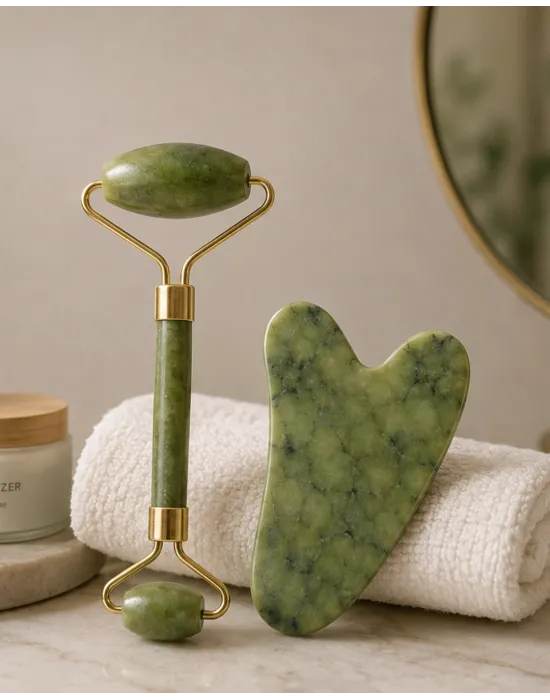 Jade Roller Ve Gua Sha Taşı Yüz Bakım Masaj Seti