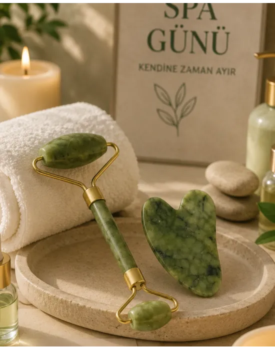 Jade Stone Yüz Bakım Seti Gua Sha Ve Roller Masaj Taşı