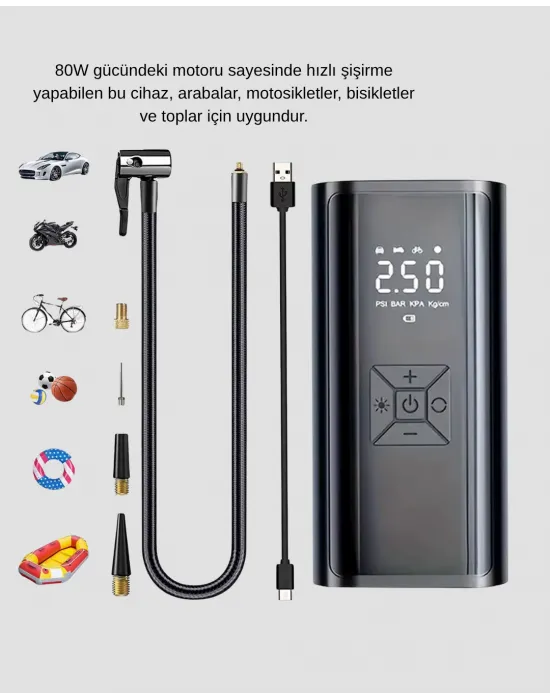 Kablosuz Dijital Lastik Şişirme Pompası Led Işıklı 80w