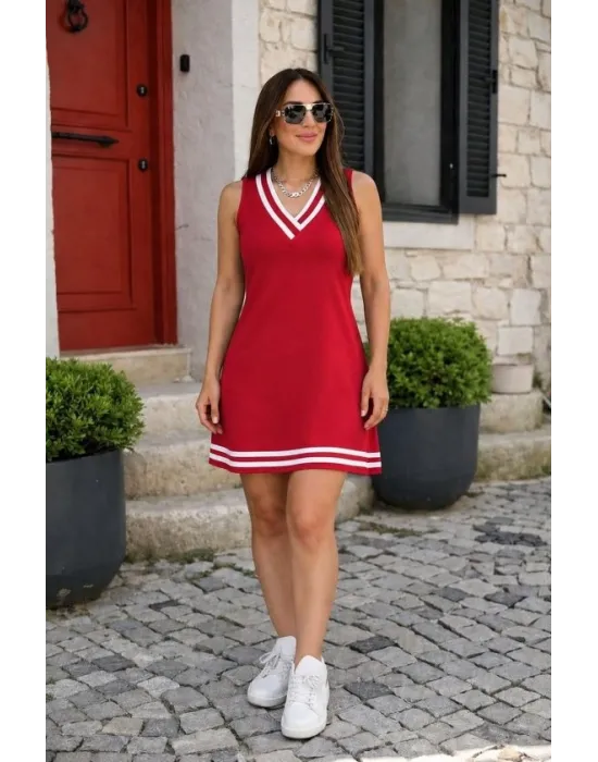 Kadın Askılı V Yakalı Cepli Kısa Viskon Elbise