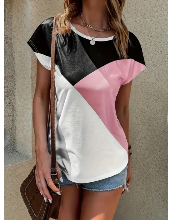 Kadın Bisiklet Yaka üç Renk Viskon T-shirt