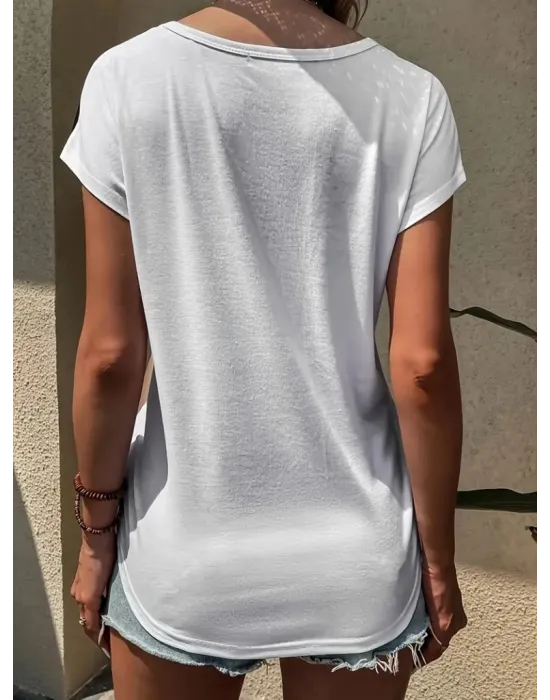 Kadın Bisiklet Yaka üç Renk Viskon T-shirt