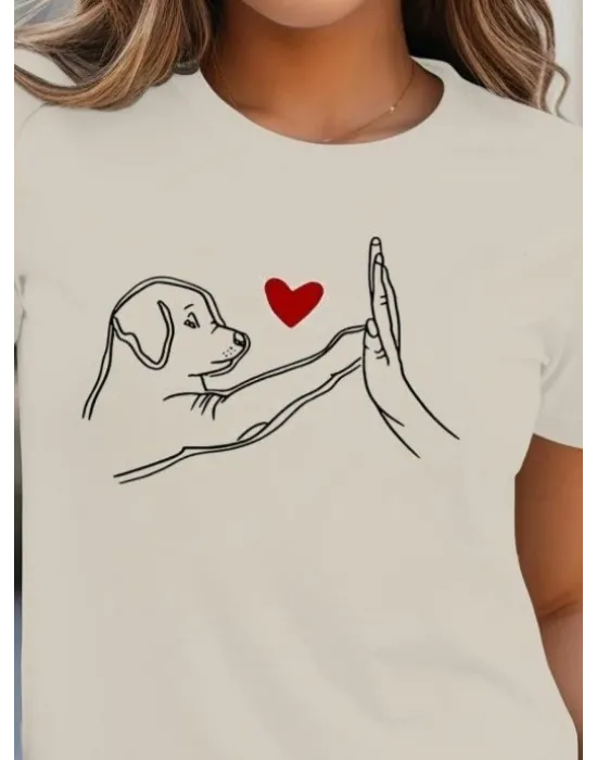 Kadın Kısa Kollu Bisiklet Yaka Köpek Baskılı Viskon Bluz