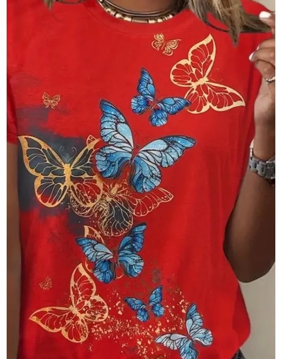Kadın Kısa Kollu Mavi Sarı Kelebek Baskı Süprem Bluz