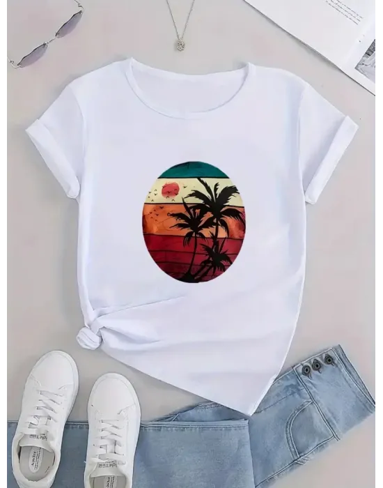 Kadın Kısa Kollu Palmiye Baskılı Viskon T-shirt