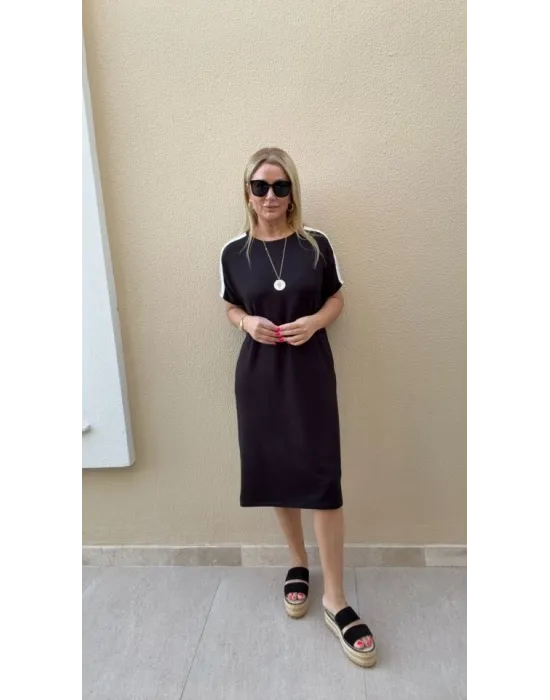 Kadın Kısa Kollu şerit Detay Midi Boy Elbise
