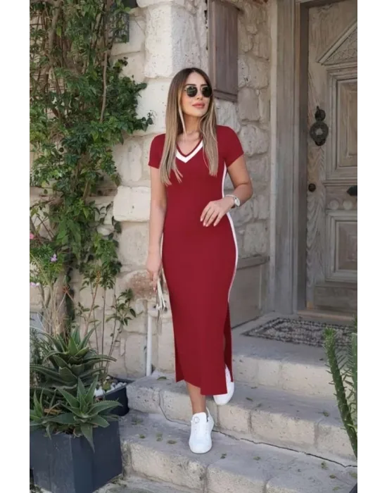 Kadın Kısa Kollu V Yakalı Yandan şerit Ve Yırtmaçlı Viskon Uzun Elbise