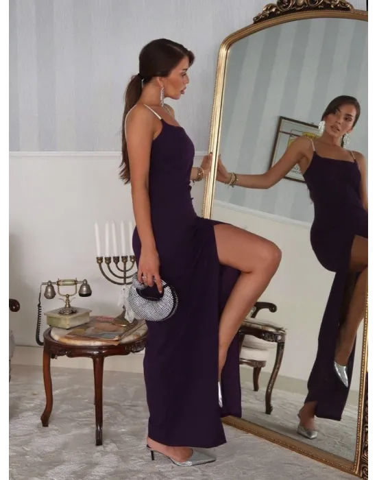 Kadın Omuz Askılı Derin Yırtmaç Detay Maxi Boy Elbise