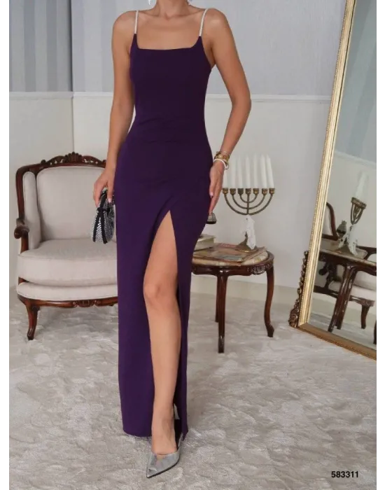 Kadın Omuz Askılı Derin Yırtmaç Detay Maxi Boy Elbise