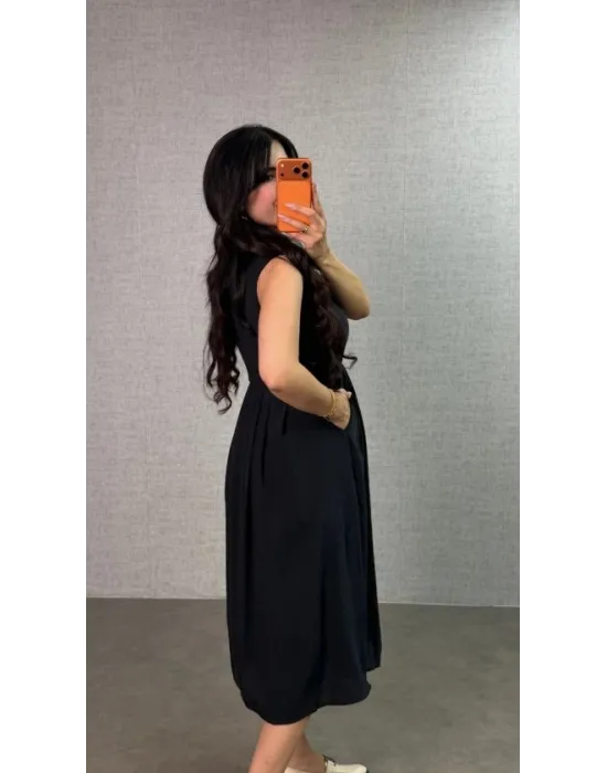 Kadın önü Fermuar Detaylı Pileli Midi Boy Elbise