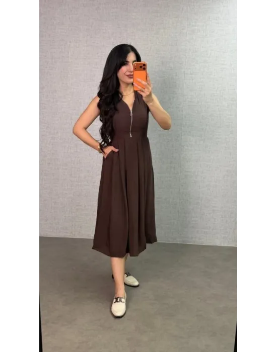 Kadın önü Fermuar Detaylı Pileli Midi Boy Elbise