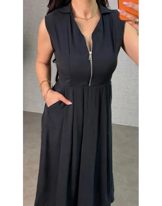 Kadın önü Fermuar Detaylı Pileli Midi Boy Elbise
