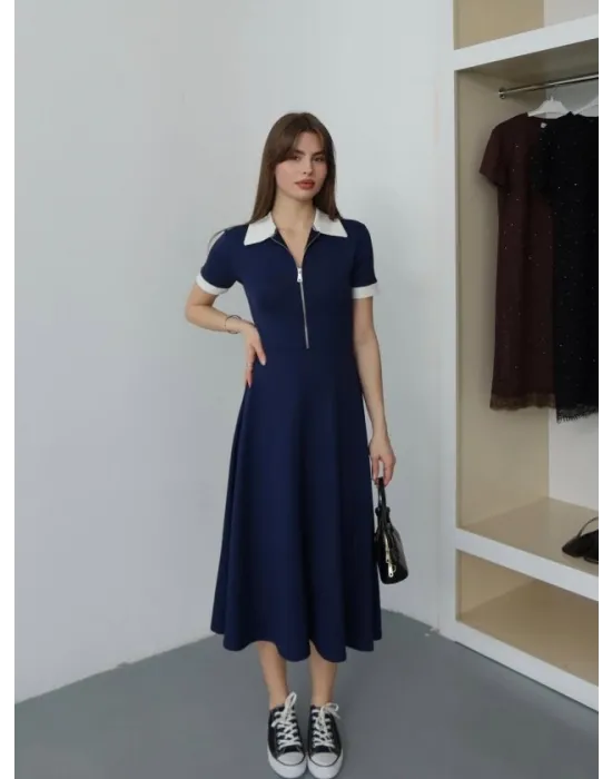 Kadın Polo Yaka Fermuar Detaylı Modal Midi Elbise