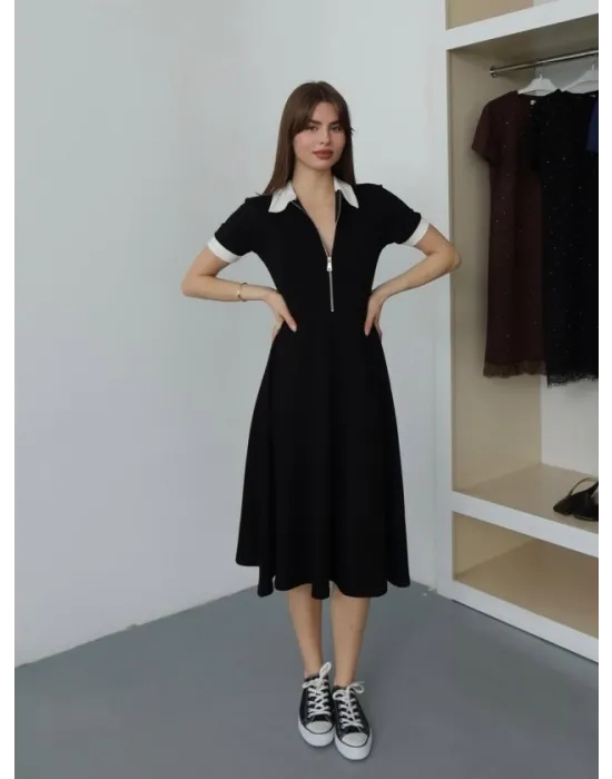 Kadın Polo Yaka Fermuar Detaylı Modal Midi Elbise