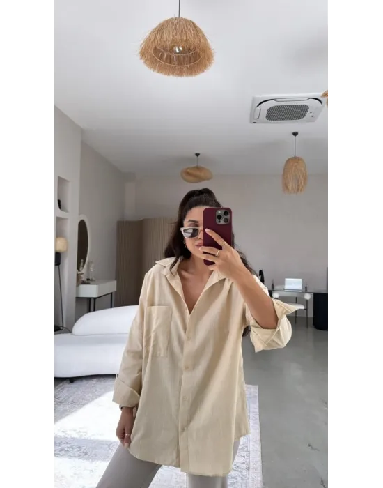 Kadın Tek Cepli Over Size Ketem Gömlek