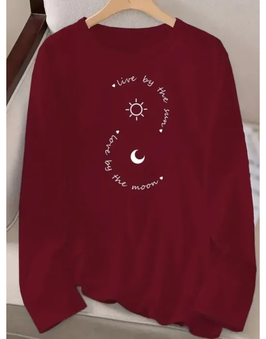 Kadın Uzun Kollu Bisiklet Yaka Desenli Viskon Bluz