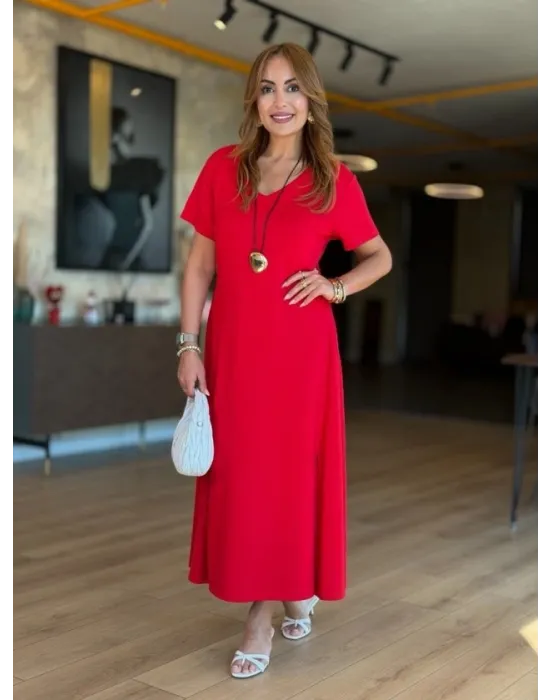 Kadın V Yaka Yırtmaç Detaylı Midi Boy Elbise