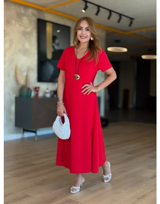 Kadın V Yaka Yırtmaç Detaylı Midi Boy Elbise