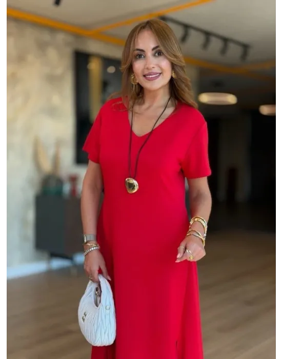 Kadın V Yaka Yırtmaç Detaylı Midi Boy Elbise