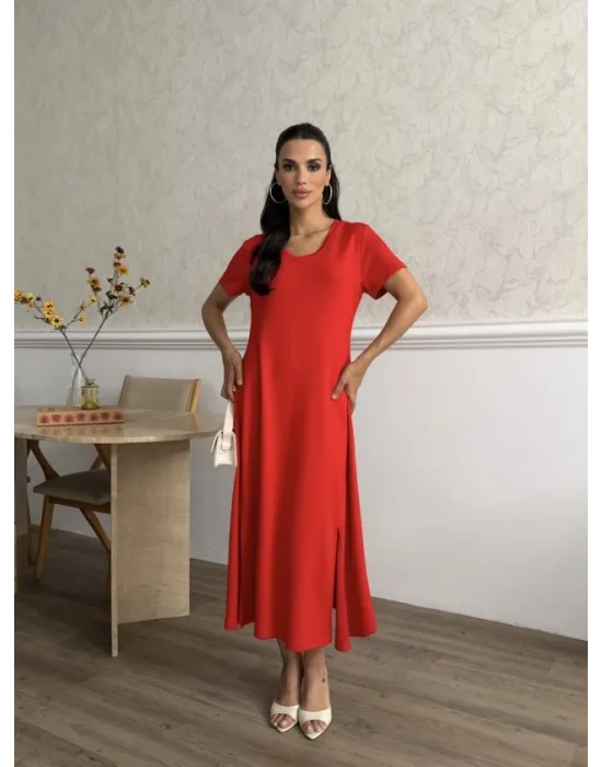 Kadın V Yaka Yırtmaç Detaylı Midi Boy Elbise