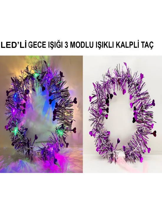 Kalp Püsküllü Gece Parıltısı 3 Modlu Led39li Işıklı Taç Mor Renk