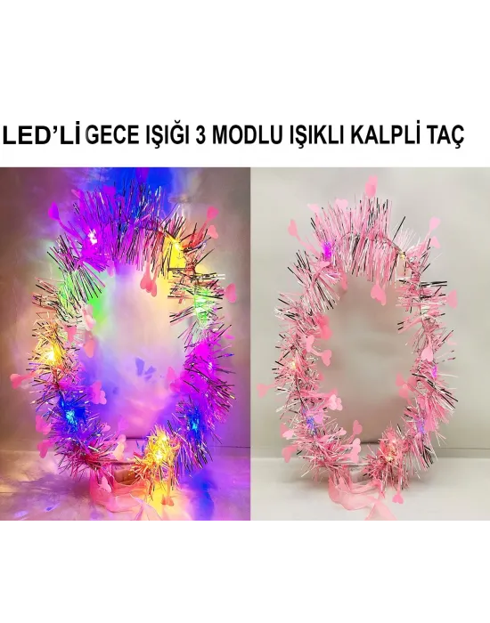 Kalp Püsküllü Gece Parıltısı 3 Modlu Led39li Işıklı Taç Pembe Renk