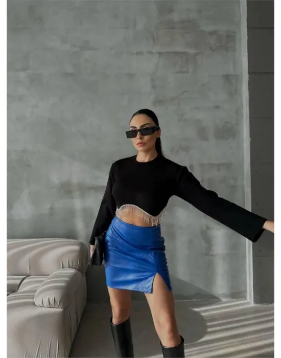 KAPİTONE DERİ ETEK YIRTMAÇLI - Saks