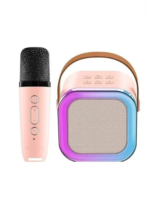 Karaoke Kablosuz Hoparlör Mikrofonlu Rgb Işıklı Bluetooth Speaker Tf Kart/usb Pembe