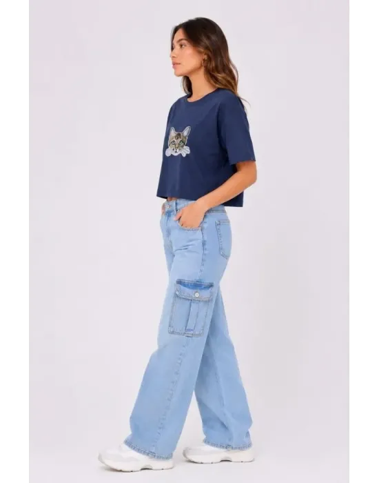 Kedi Baskılı Oversize Crop Tişört Salaş Basic Yarım Kol T-shirt - Lacivert