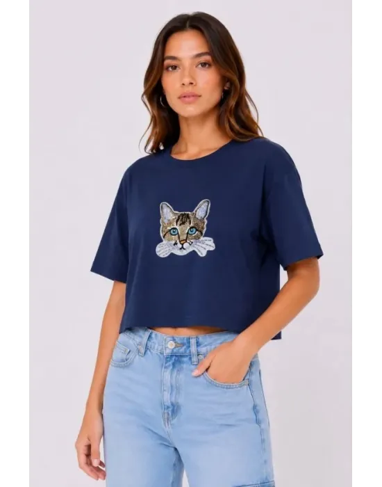 Kedi Baskılı Oversize Crop Tişört Salaş Basic Yarım Kol T-shirt - Lacivert