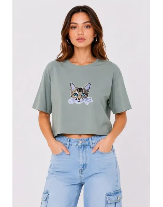 Kedi Baskılı Oversize Crop Tişört Salaş Basic Yarım Kol T-shirt - Mint Yeşili